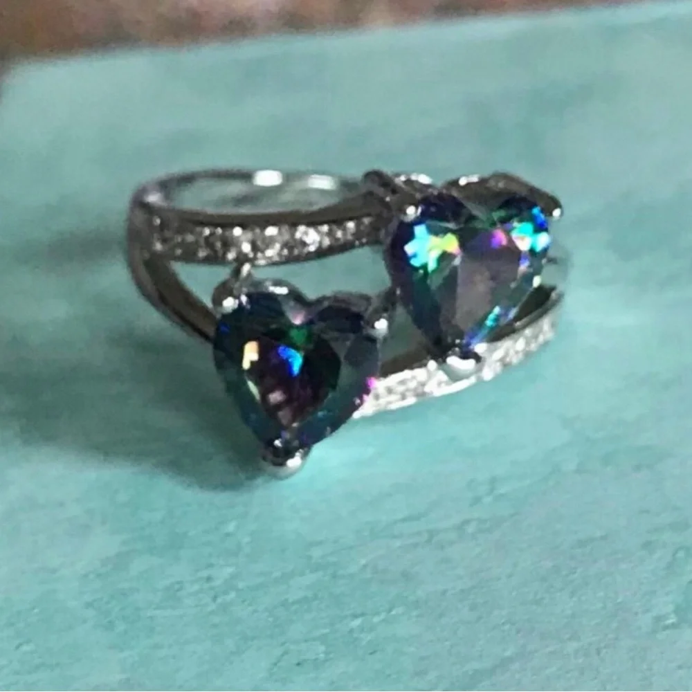 Sterling Silver Heart Double-Stone Mystic Topaz Ring in Iridescent Blue-Green